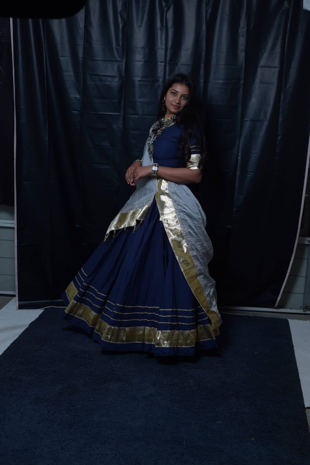 Navy Gold Border Lehenga