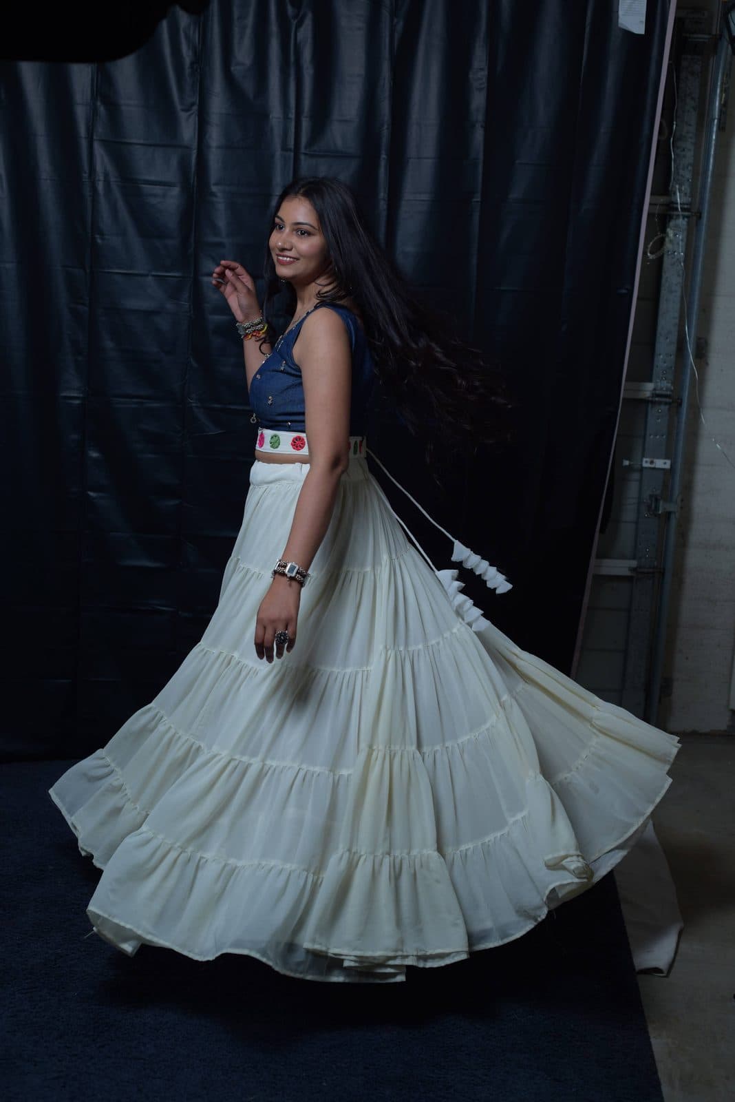 Navy Mirror Ivory Tiered Choli, photo 1 of 4