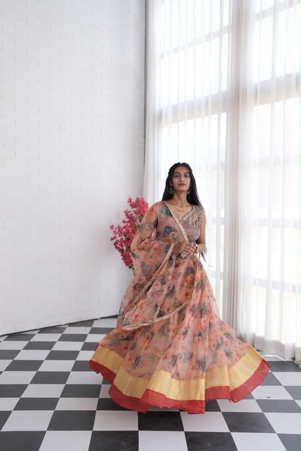 Peach Floral Organza Lehenga
